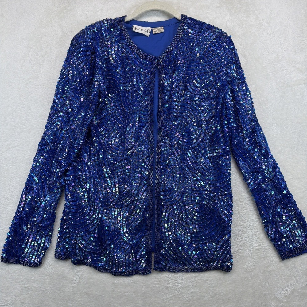 Vintage Swee Lo Silk Beaded Sequin Evening Jacket Women's Blue Party Formal M